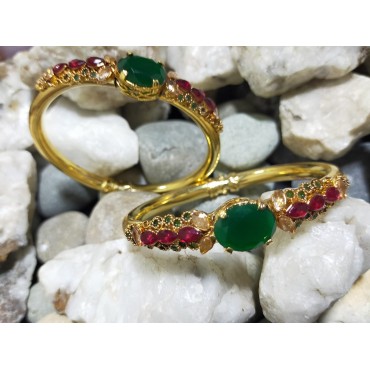 24k Gold Plated Handmade Bangles Studded with Ruby, Emerald & Champagne Stones | ! Pair