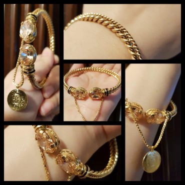 24k Gold Plated Braid Style Handmade Bangles with Champagne Stones, Chain & Coin Detailing | Single Bangle