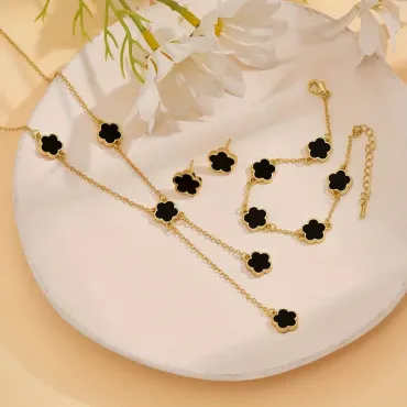 Lucky Five-Petal Clover Jewelry Set | Necklace, Earrings & Bracelet | Elegant European Style