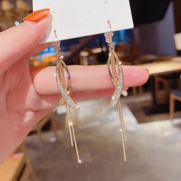 Korean Dongdaemun Cross Tassel Zircon Earrings | Long Slim Fashion Ear