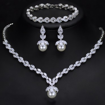 Zircon Imitation Pearl Necklace Earrings Set Bracelet Ring Wedding Dress Evening Party Dress Accessories