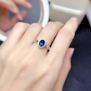 Simple Sapphire Stone Ring with Zircons | Elegant Jewelry for Women