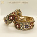 24K Gold-Plated Handmade Floral Bangle – Elegant Multicolor Gemstone Design | (1 Pair)