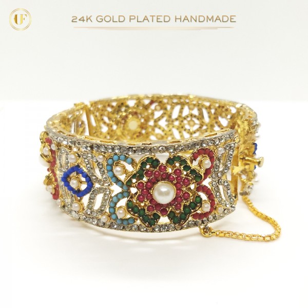 24K Gold-Plated Handmade Floral Bangle – Elegant Multicolor Gemstone Design | (1 Pair)