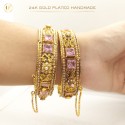 24K Gold-Plated Handmade Bangles Embellished with Pink Stones and White Pearls (1 Pair)