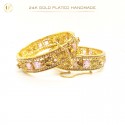 24K Gold-Plated Handmade Bangles Embellished with Pink Stones and White Pearls (1 Pair)