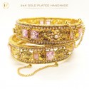 24K Gold-Plated Handmade Bangles Embellished with Pink Stones and White Pearls (1 Pair)