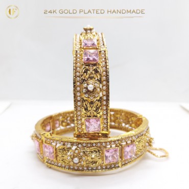 24K Gold-Plated Handmade Bangles Embellished with Pink Stones and White Pearls (1 Pair)