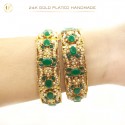 24K Gold-Plated Handmade Bangles Accented with Multicolor Stones and White Pearls | Artistic Elegance (1 Pair)