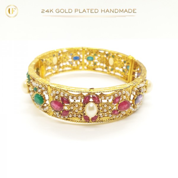 24K Gold-Plated Handmade Bangles Accented with Multicolor Stones and White Pearls | Artistic Elegance (1 Pair)