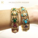 24K Gold-Plated Handmade Bangles Accented with Multicolor Stones and White Pearls | Artistic Elegance (1 Pair)