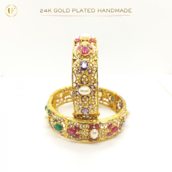 24K Gold-Plated Handmade Bangles Accented with Multicolor Stones and White Pearls | Artistic Elegance (1 Pair)