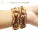 24K Gold-Plated Handmade Bangles Accented with Multicolor Stones and White Pearls | Artistic Elegance (1 Pair)