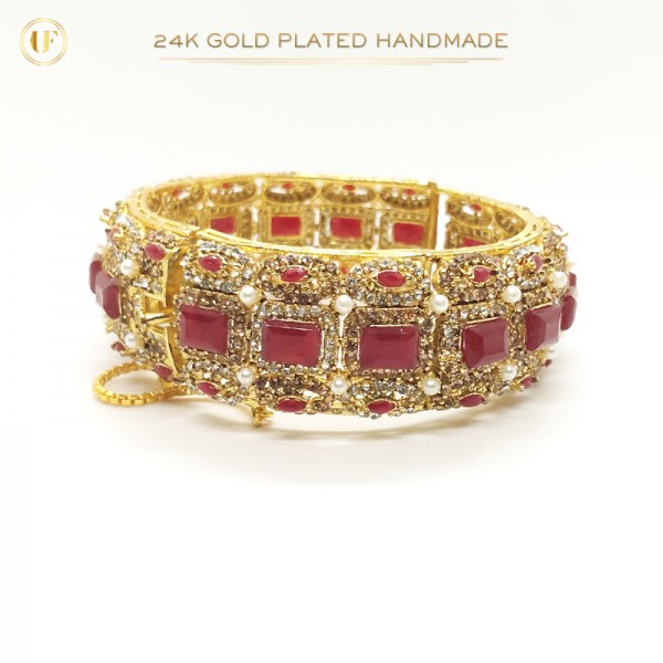 24K Gold-Plated Handmade Bangle Studded with Ruby Stone | Elegant Jewelry Piece (1 Pair)