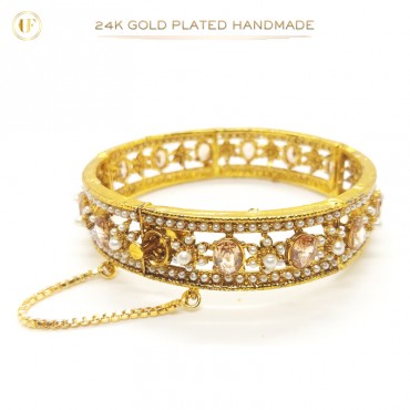 24K Gold-Plated Handmade Bangles Embellished with Champagne Stones and White Pearls | Refined Luxury (1 Pair)