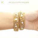 24K Gold-Plated Handmade Bangles with White Pearls and Antique Polish | Vintage Elegance (1 Pair)