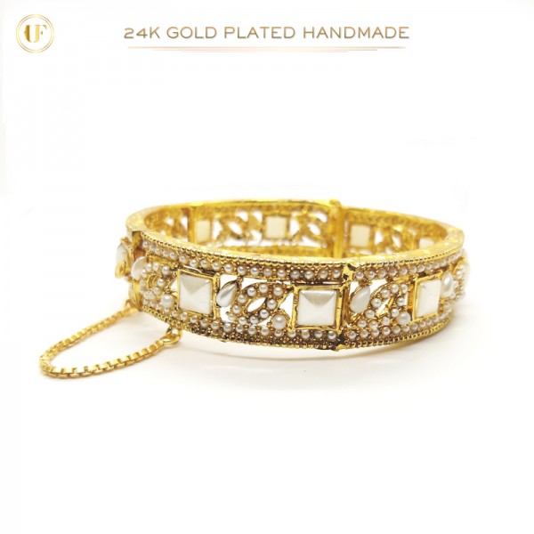 24K Gold-Plated Handmade Bangles with White Pearls and Antique Polish | Vintage Elegance (1 Pair)