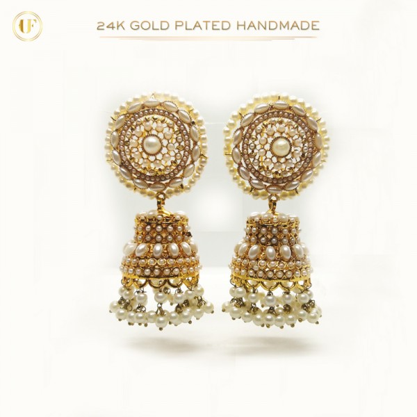 Gold-Plated Handmade Jhumka Long Earrings Adorned with White Pearls | Timeless Statement