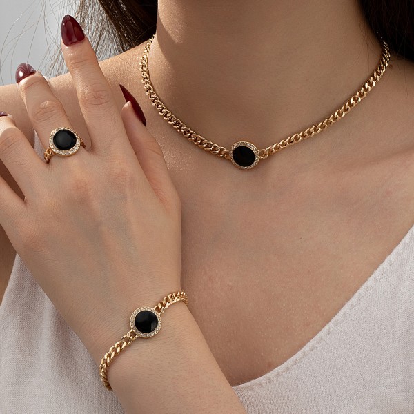 Korean Version of INS Geometric Oil Drop Diamond Bracelet Ring Necklace Set