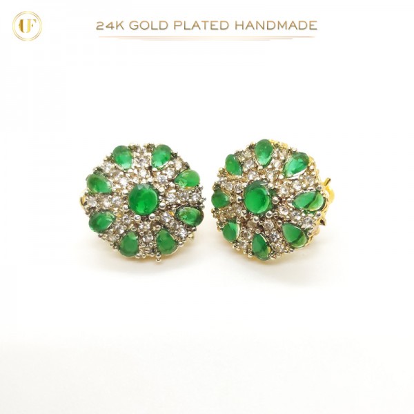 24K Gold-Plated Handmade Stud Earrings with Emerald Stones | Ultimate Fine Timeless Elegance