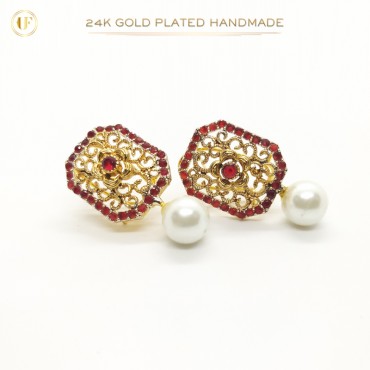 24K Gold-Plated Handmade Earrings with Ruby Stones and White Pearls | Ultimate Fine Elegant Luxury