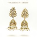 24K Gold-Plated Handmade Jhumki Earrings with Sea Green Stones and White Pearls | Ultimate Fine Exquisite Elegance