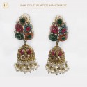 24K Gold-Plated Handmade Jhumki Earrings with Sea Green Stones and White Pearls | Ultimate Fine Exquisite Elegance