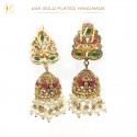 24K Gold-Plated Handmade Jhumki Earrings with Sea Green Stones and White Pearls | Ultimate Fine Exquisite Elegance