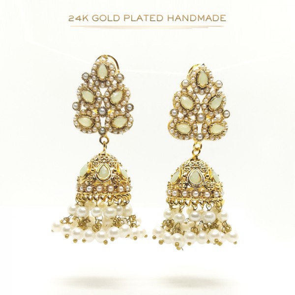 24K Gold-Plated Handmade Jhumki Earrings with Sea Green Stones and White Pearls | Ultimate Fine Exquisite Elegance