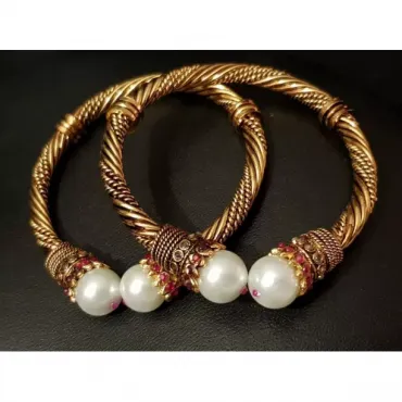 24K Gold Plated Handmade Bangles – A Dazzling Fusion of Ruby Stones and White Pearls | (1 Pair)