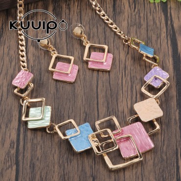 Geometric Square Necklace & Earrings Set – High-Grade Zinc Alloy with Color Oil Drop Design