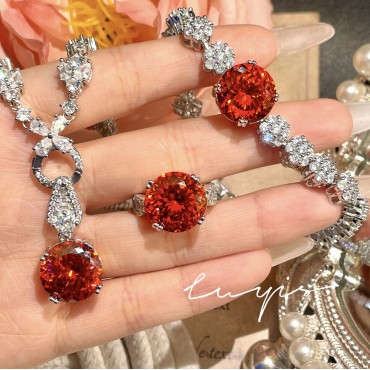 Exquisite Bird's Nest Cut Pendant Necklace with High Carbon Diamonds and Colored Gemstone Bracelet Set