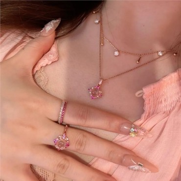 Medieval Style Pink Diamond Pendant Necklace & Ring Earrings Set