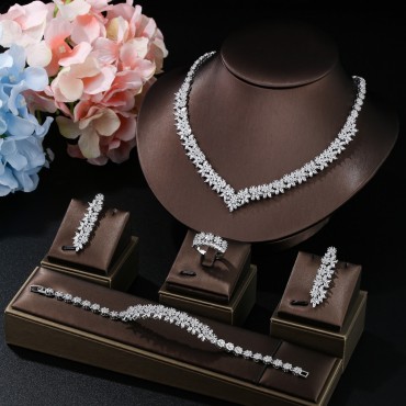 New 4-Piece Bridal Set – Copper Micro-Inlaid Zircon Necklace, Earrings, Bracelet, Ring