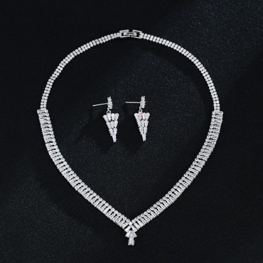 Cross-Border European and American Bridal Jewelry Set – Zircon Clavicle Necklace and Earrings Set