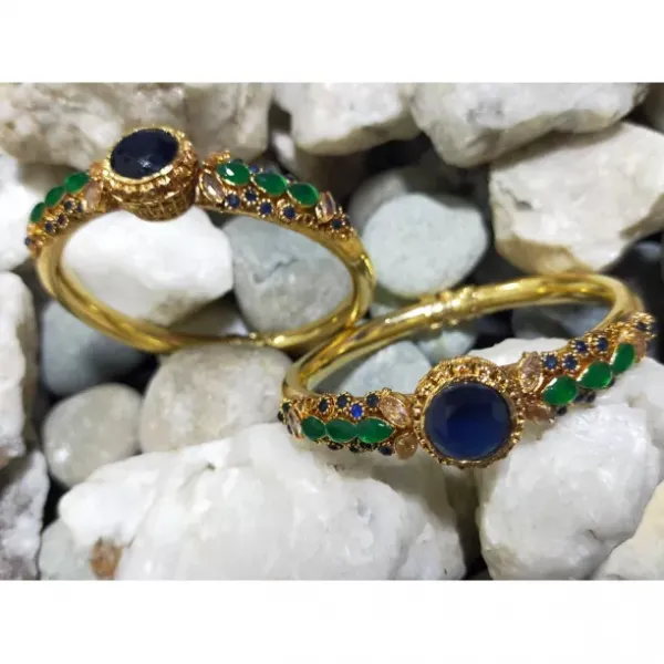 Gold Plated Handmade Bangles with Blue & Green Stones – A Stunning Blend of Elegance and Charm | (1 Pair)