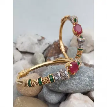 Unveil Elegance with 24K Gold Plated Handmade Bangles Featuring Ruby and Emerald Stones | (1 Pair)