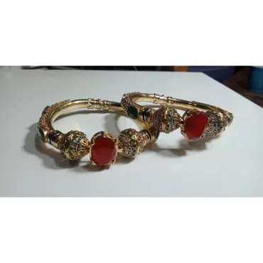 24K Gold Plated Handmade Bangles – Ruby and Emerald Elegance | (1 Pair)