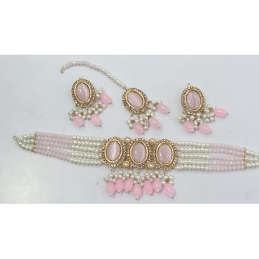 24K Gold Plated Handmade Choker Set with Pink Stones and White Pearls – A Regal Statement