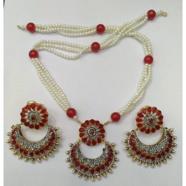 24K Elegant Gold Plated Handmade Necklace Set – Ruby, Zircon, and White Pearls