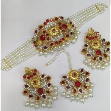 24K Gold Plated Handmade Choker Set – Ruby, Zircon, and White Pearls