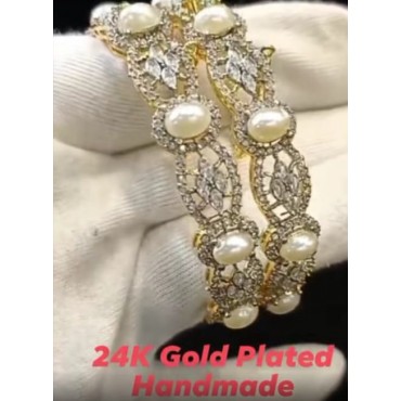 24K Gold Plated Handmade Bangles Studded with White Pearls | 1 Pair