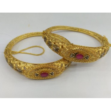 Elegant Gold-Plated Bangles Studded with Ruby Stones | (1 Pair)