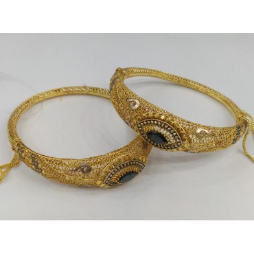 Latest Design Gold-Plated Bangles Studded with Black Stones | (1 Pair)