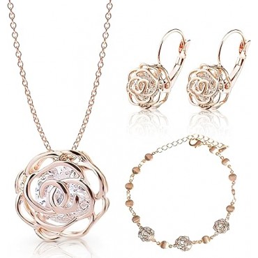 Crystalline Azuria Women 18K Gold-Plated White Crystal Roses Flower Jewelry Set