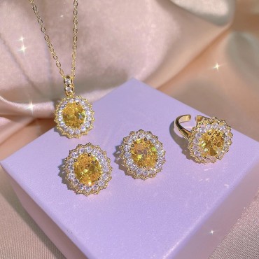 Yellow Crystal Gem Titanium Steel Jewelry Set 