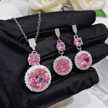 Cherry Blossom Pink Zircon Jewelry Set | Necklace and Long Argyle Pink