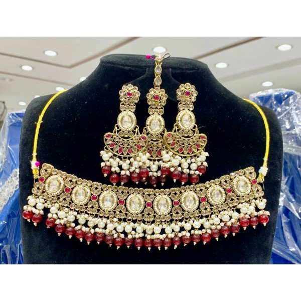 Exquisite Indian Bridal Necklace Set Adorned with Ruby Stones